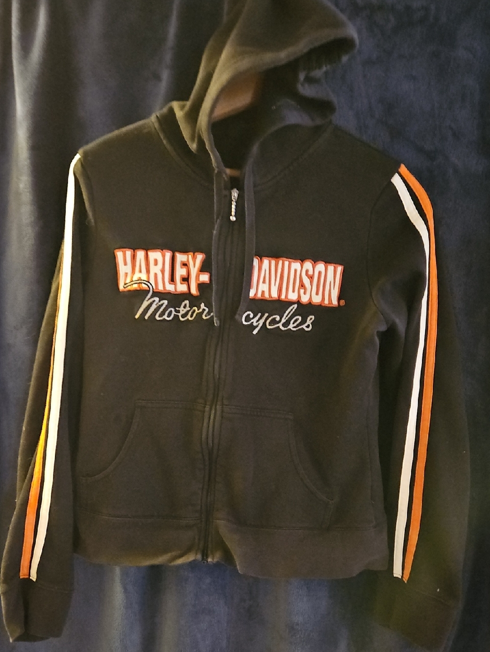 Harley-Davidson Black Hoodie with Orange and White Sleeve Stripes Fits Like A Sm
